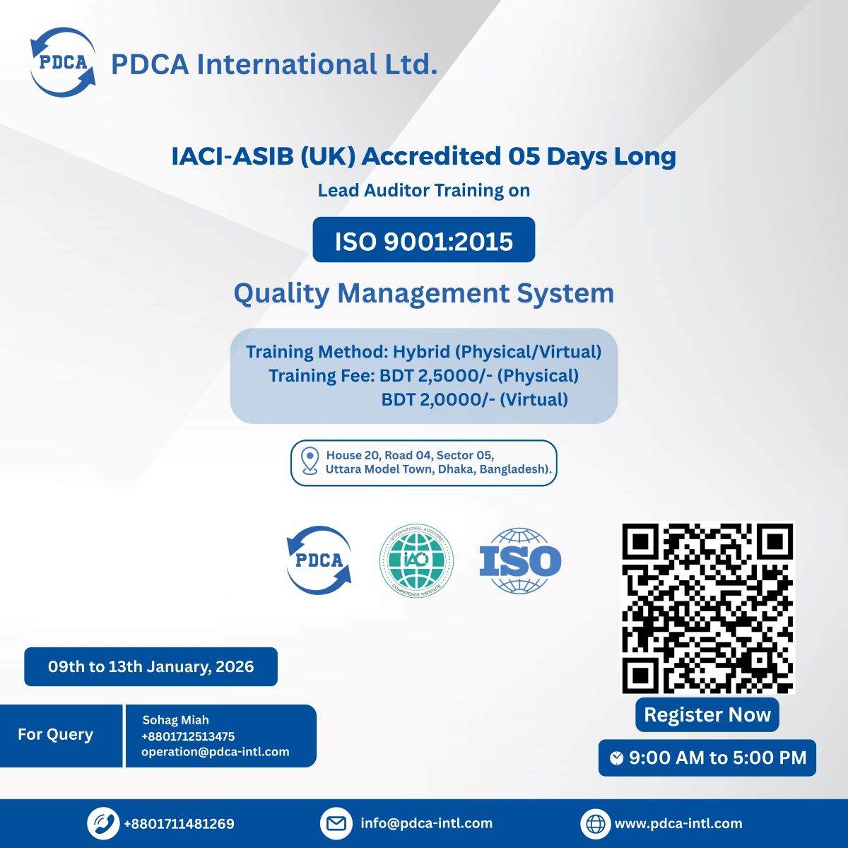 5 Days Long Lead Auditor Training on ISO 9001:2015 (QMS)